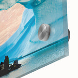 Large abstract wall art print on acrylic glass featuring mid-century modernist style in vibrant green and blue tones.