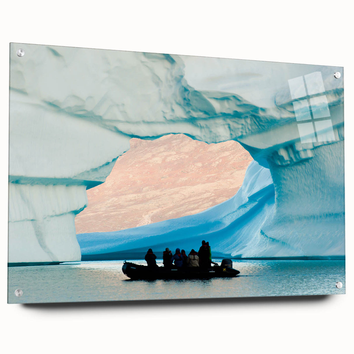 Acrylic glass print of a Greenland landscape with green and blue tones, suitable for dining room or bedroom decor.