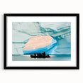 Extra large abstract art print of a colorful Greenland scenery on textured canvas, framed in black.