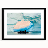 Extra large abstract art print of a colorful Greenland scenery on textured canvas, framed in black.