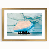 Abstract art print of Greenland's scenery in muted green and blue shades on a gold-framed canvas.