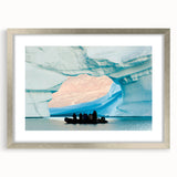 Extra large abstract art print of a textured Greenland scenery in muted greens and blues, framed with a silver mat.