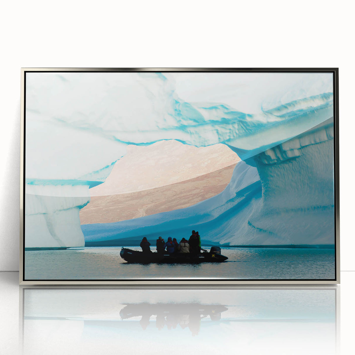Mid-century modernist art depicting a serene Greenland landscape in muted green and blue tones, framed in silver acrylic.