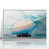 Art deco poster depicting a serene Greenland landscape in muted green and white tones, acrylic print in white frame.