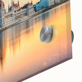 Large abstract wall art depicting a European scene in mid-century modernist style on acrylic glass.