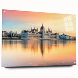 Large abstract wall art of a European scenery in muted earth tones on acrylic glass, ideal for bedroom or dining room decor.