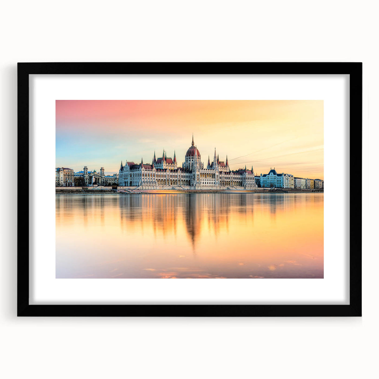 Extra large abstract art print of colorful, textured European scenery on a black framed canvas, ideal for living room decor.