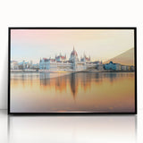 Large abstract wall art depicting a European cityscape in muted gray tones on a framed acrylic.