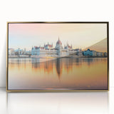 Art deco poster of a Hungarian landscape in gold and teal tones, acrylic framed, suited for modern nursery wall decor.