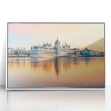 Mid-century modernist art of a European cityscape in muted colors on framed acrylic, suitable for nursery wall art.