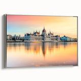 Framed canvas of a Hungarian landscape with colorful art, silver frame, ideal for living room decor.