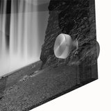 Large abstract wall art featuring a mid-century modernist Icelandic scenery in muted gray and blue tones on acrylic glass.