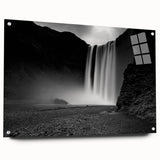 Large abstract wall art of a serene Icelandic landscape on acrylic glass, featuring cool blue and gray tones.