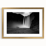 Abstract art print featuring a serene Icelandic landscape in cool blue and gray tones, framed in gold.