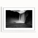 Textured abstract art print of a serene Icelandic landscape in muted blue and gray tones, framed with a white mat.