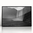 Large abstract wall art depicting an Icelandic landscape in muted gray and blue tones, framed in black acrylic.