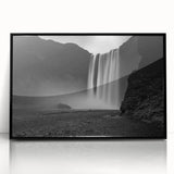 Large abstract wall art depicting an Icelandic landscape in muted gray and blue tones, framed in black acrylic.
