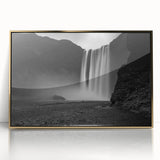 Acrylic print of a serene Icelandic landscape in muted earth tones, framed in gold, suitable as modern art wall decor.