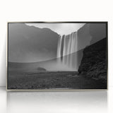 Framed acrylic print of a serene Icelandic landscape, in muted gray and blue tones, ideal for modern art wall decor.