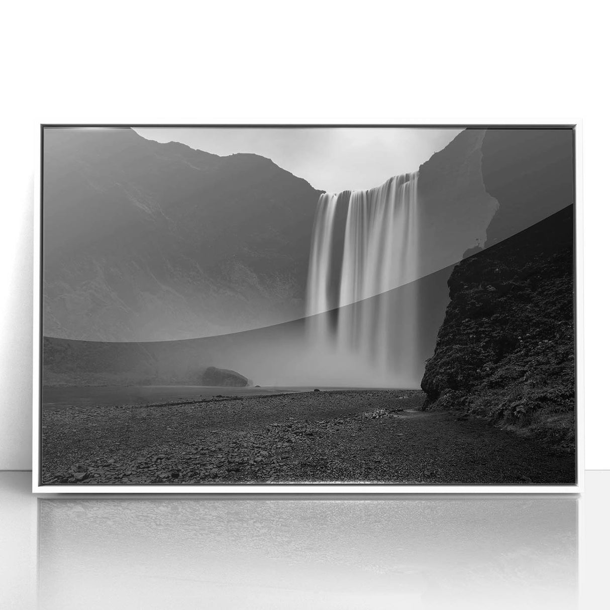 Mid-century modernist art depicting a serene Iceland landscape in muted blue and green tones on a framed acrylic print.