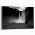 Black and white wall art featuring a framed canvas of a vintage Icelandic landscape, ideal for bedroom decor.