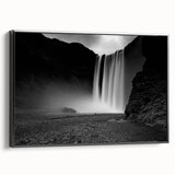 Black and white wall art featuring a framed canvas of a vintage Icelandic landscape, ideal for bedroom decor.
