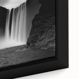 Close-up of a textured black wall art depicting a vibrant Icelandic scenery on a framed canvas, ideal for living room decor.