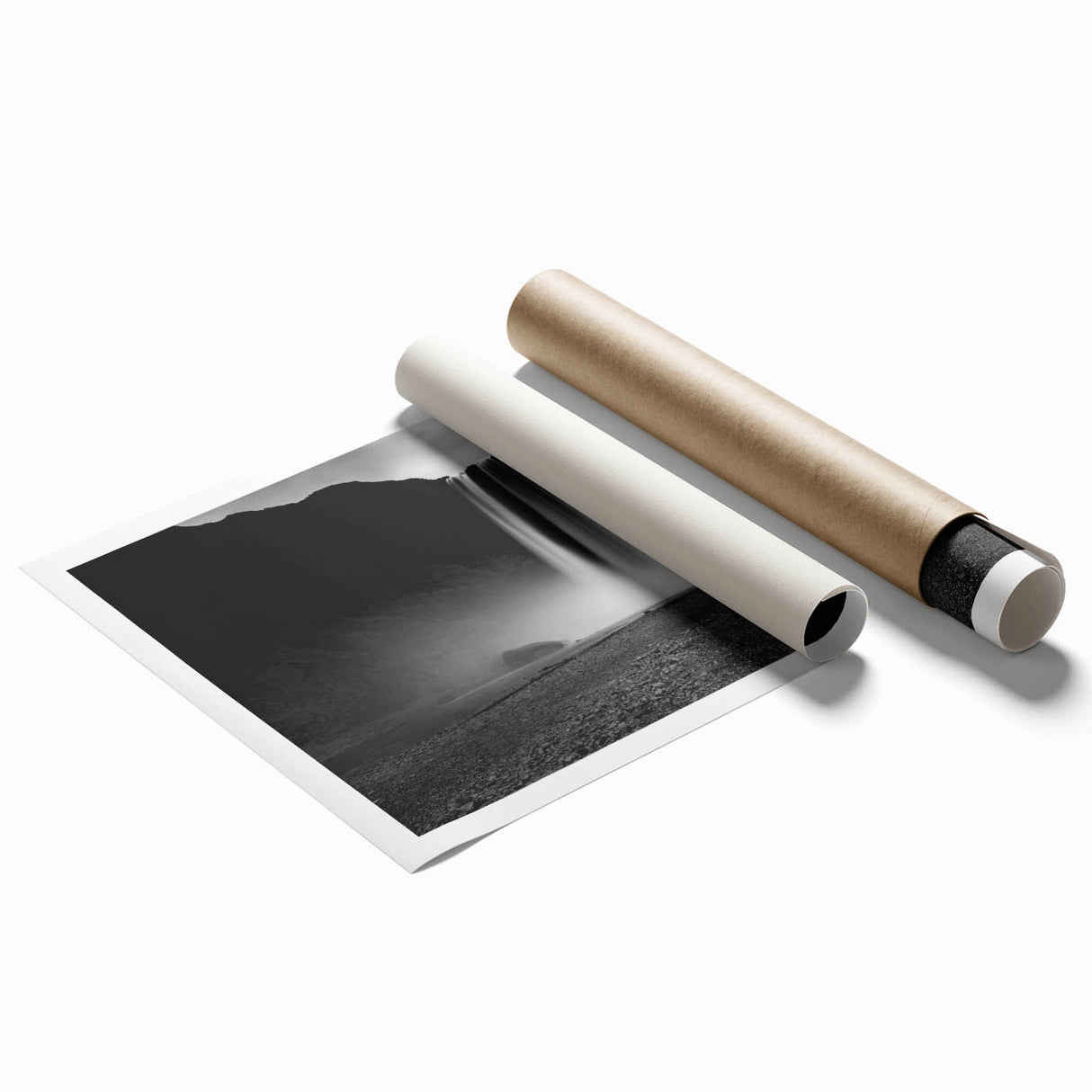 Extra large rolled print of a serene Icelandic landscape with muted green and blue tones.