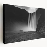 Icelandic landscape with waterfalls on stretched canvas, in cool blue and green tones, ideal for kitchen wall art.