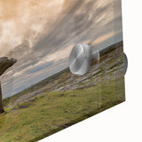 Large abstract wall art depicting a European Irish landscape in muted greens and blues on acrylic glass.