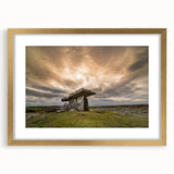 Abstract art print of a European scenery in Ireland, featuring muted green and blue tones on a gold-framed mat.