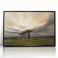 Large abstract wall art depicting a minimalist European scenery in muted greens and blues, framed in black acrylic.