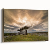 Framed canvas featuring a vintage-style landscape painting of an Irish countryside in muted green and gold tones.