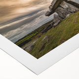 Art deco poster featuring a serene Irish landscape in muted green and blue tones, printed on rolled canvas.