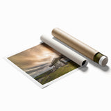 Rolled print of an Irish landscape with vibrant green fields and floral foreground, ideal for classy bathroom wall art.
