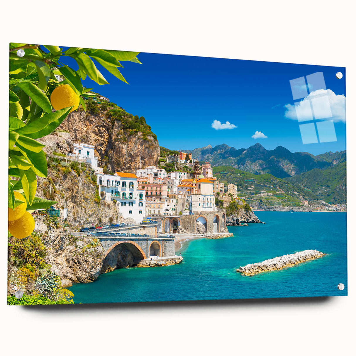 Acrylic print of the Amalfi Coast with vivid blue and white tones, ideal for dining room decor.