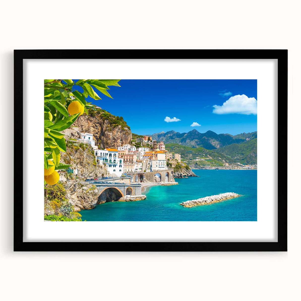Colorful abstract art print of the Amalfi Coast in vibrant hues on a large framed canvas, ideal for living room decor.