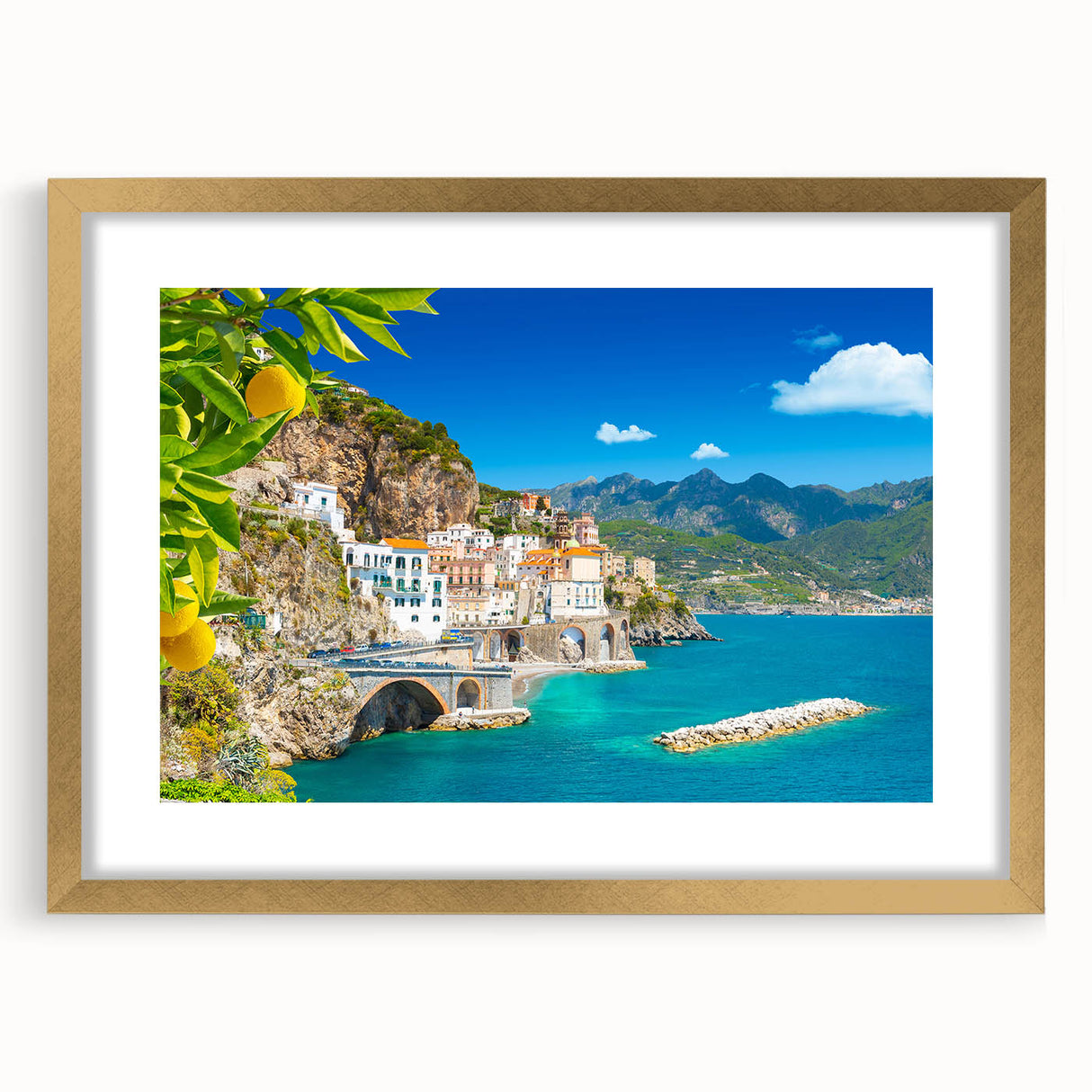 Abstract art print of the Amalfi Coast in muted earth tones on a framed canvas, ideal for dining room decor.