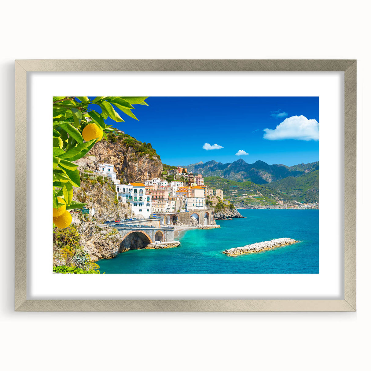 Extra large wall art of the Amalfi Coast in muted pastel colors, textured abstract print on framed canvas.