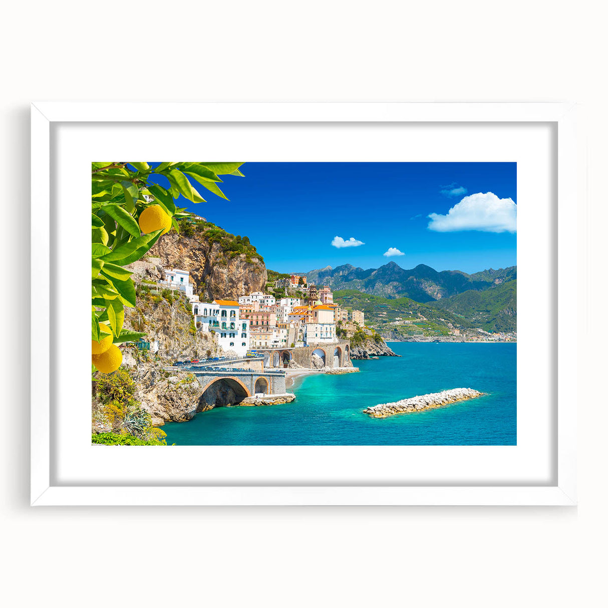 Textured art print of the Amalfi Coast in muted blue and white tones on a framed canvas, suitable for bedroom decor.