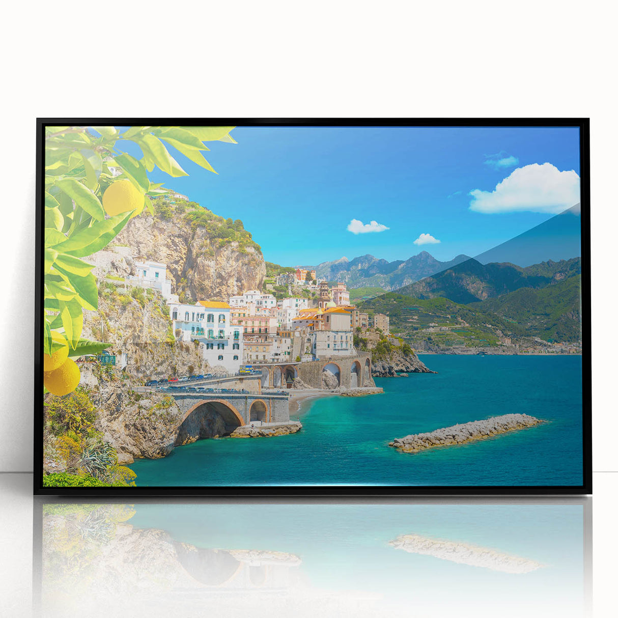 Large abstract wall art of Amalfi Coast in muted blue and white tones on a framed acrylic.