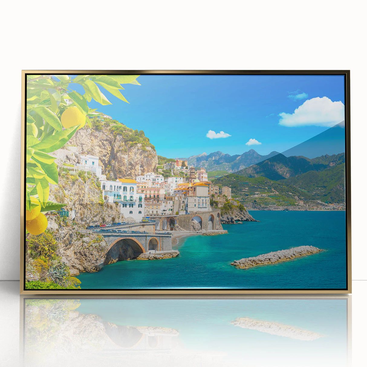 Acrylic print of Amalfi Coast with vibrant blue sea and colorful buildings, ideal for modern art wall decor.