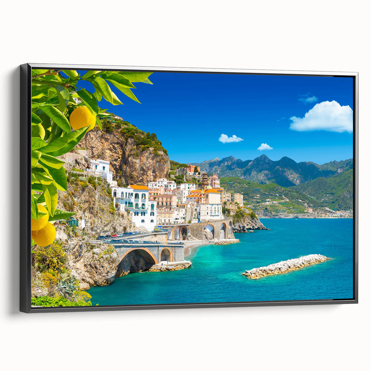 Black and white framed canvas of the Amalfi coast landscape, ideal for bedroom wall art.