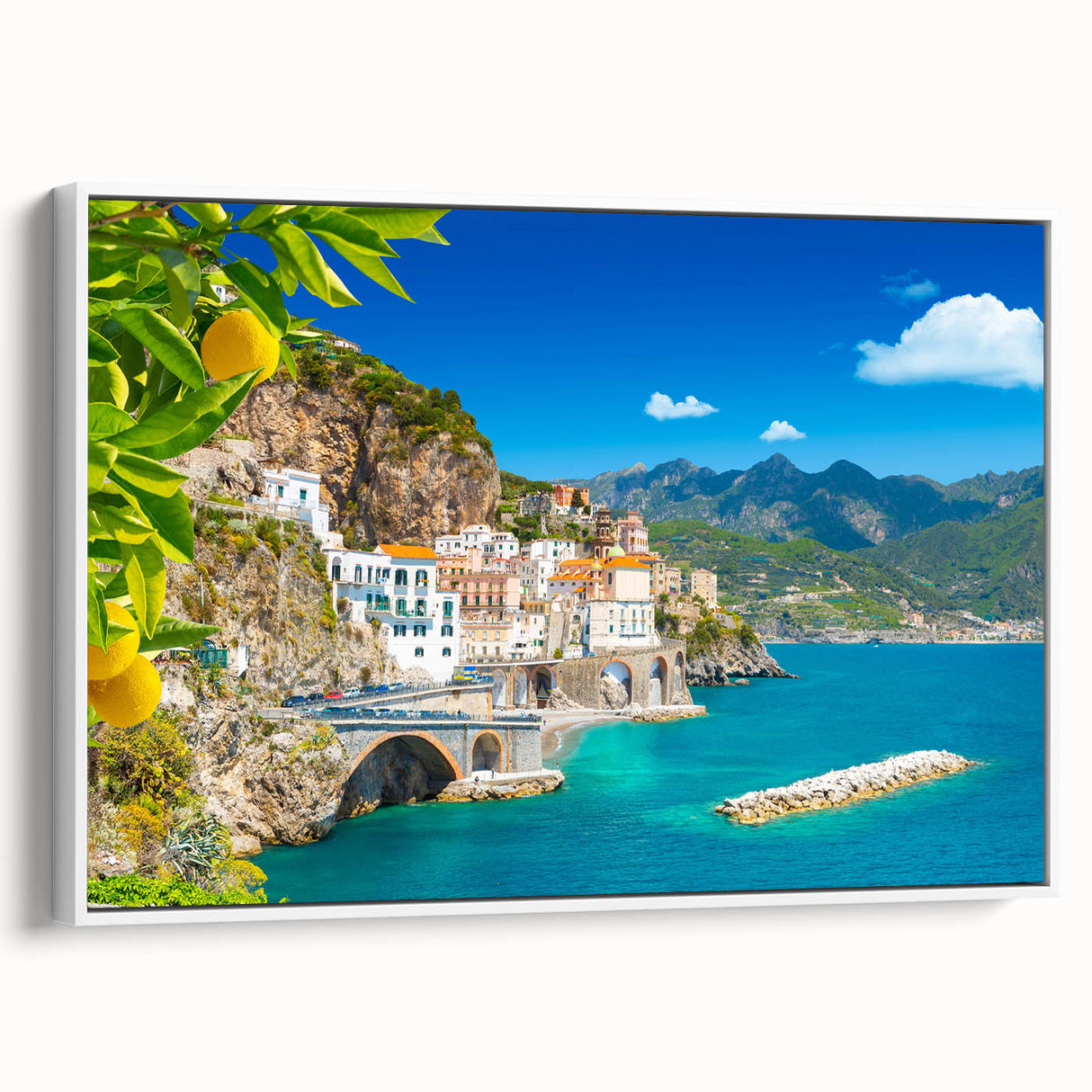 Vintage poster art of Amalfi Coast in vibrant colors on a framed canvas, ideal for living room decor.