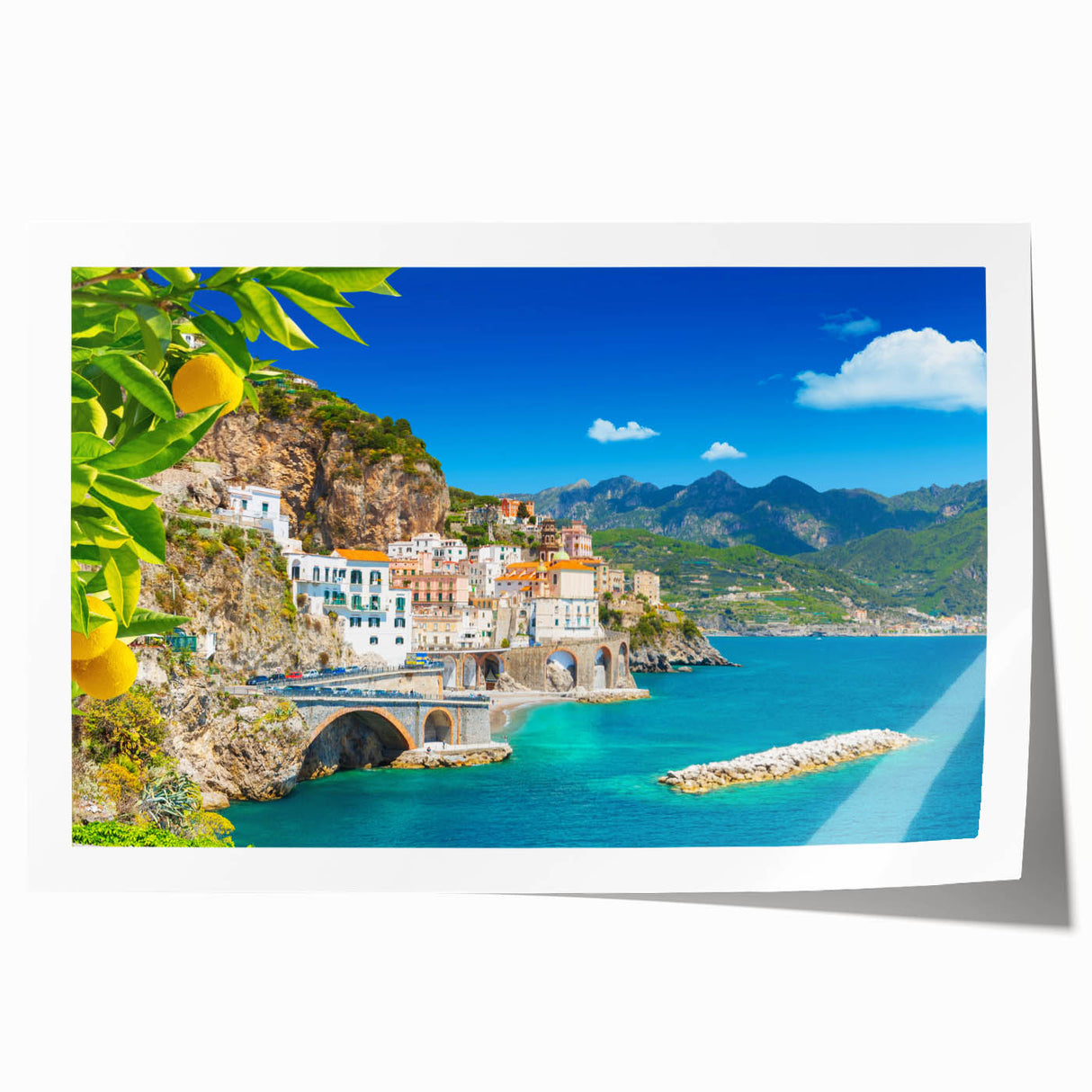Rolled print of the Amalfi Coast with vibrant blue and green tones, ideal for art wall dining room.