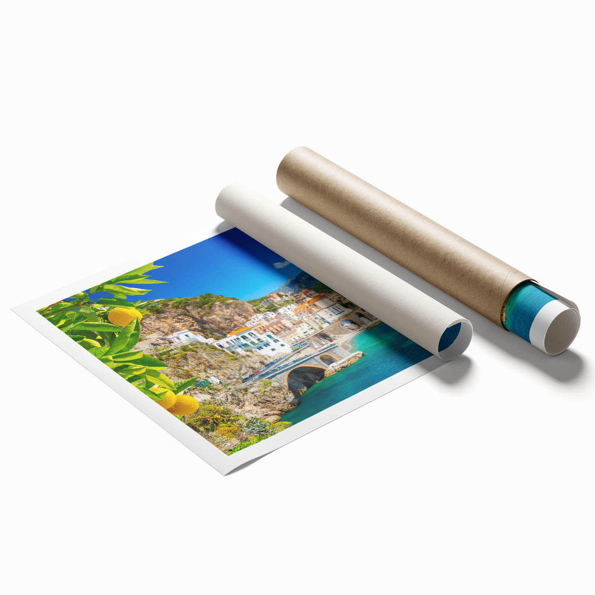 Rolled print of Amalfi Coast with vibrant blues and coastal tones, ideal for classy bathroom wall art.