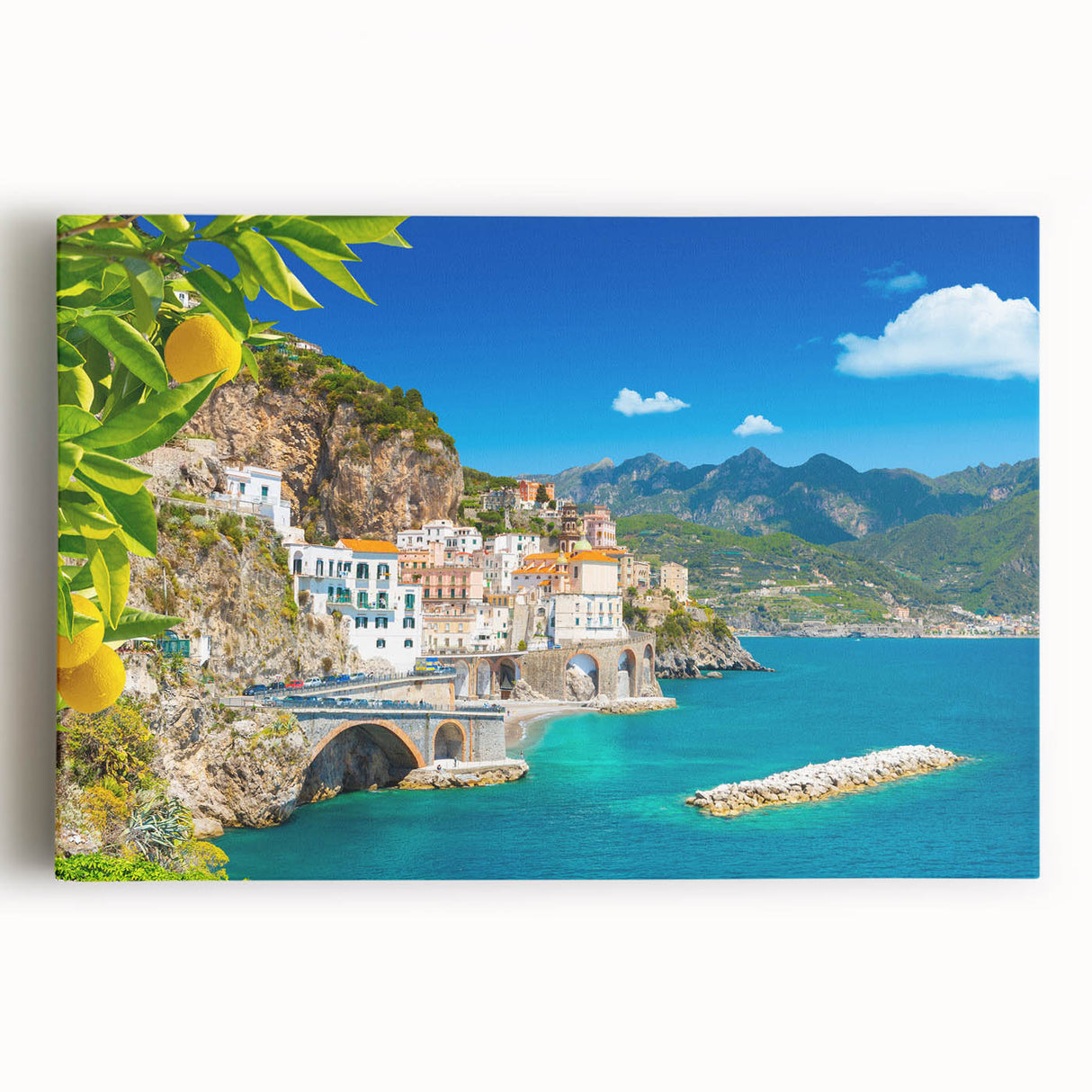 Black and white image of Amalfi Coast on stretched canvas, ideal for kitchen wall art or bedroom ambiance.