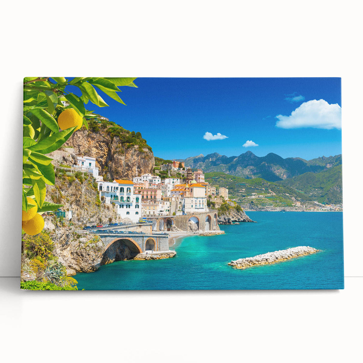 Black and white stretched canvas of Amalfi Coast scenery, ideal for kitchen wall art.