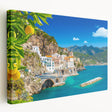 Amalfi Coast landscape on a large stretched canvas, featuring vibrant blue and coastal tones, ideal for kitchen wall art.