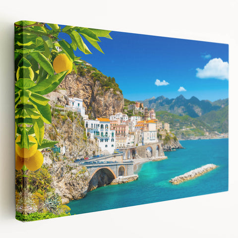 Amalfi Coast landscape on a large stretched canvas, featuring vibrant blue and coastal tones, ideal for kitchen wall art.